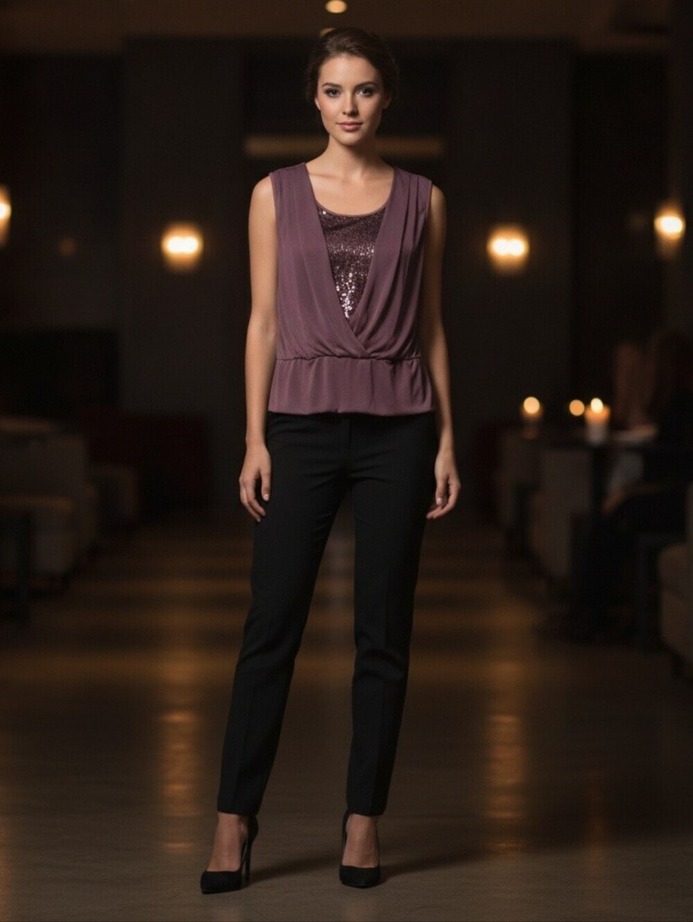 THE LIMITED Purple Sleeveless Layered V-Neck Sequin Cinch Waisted Peplum Top S